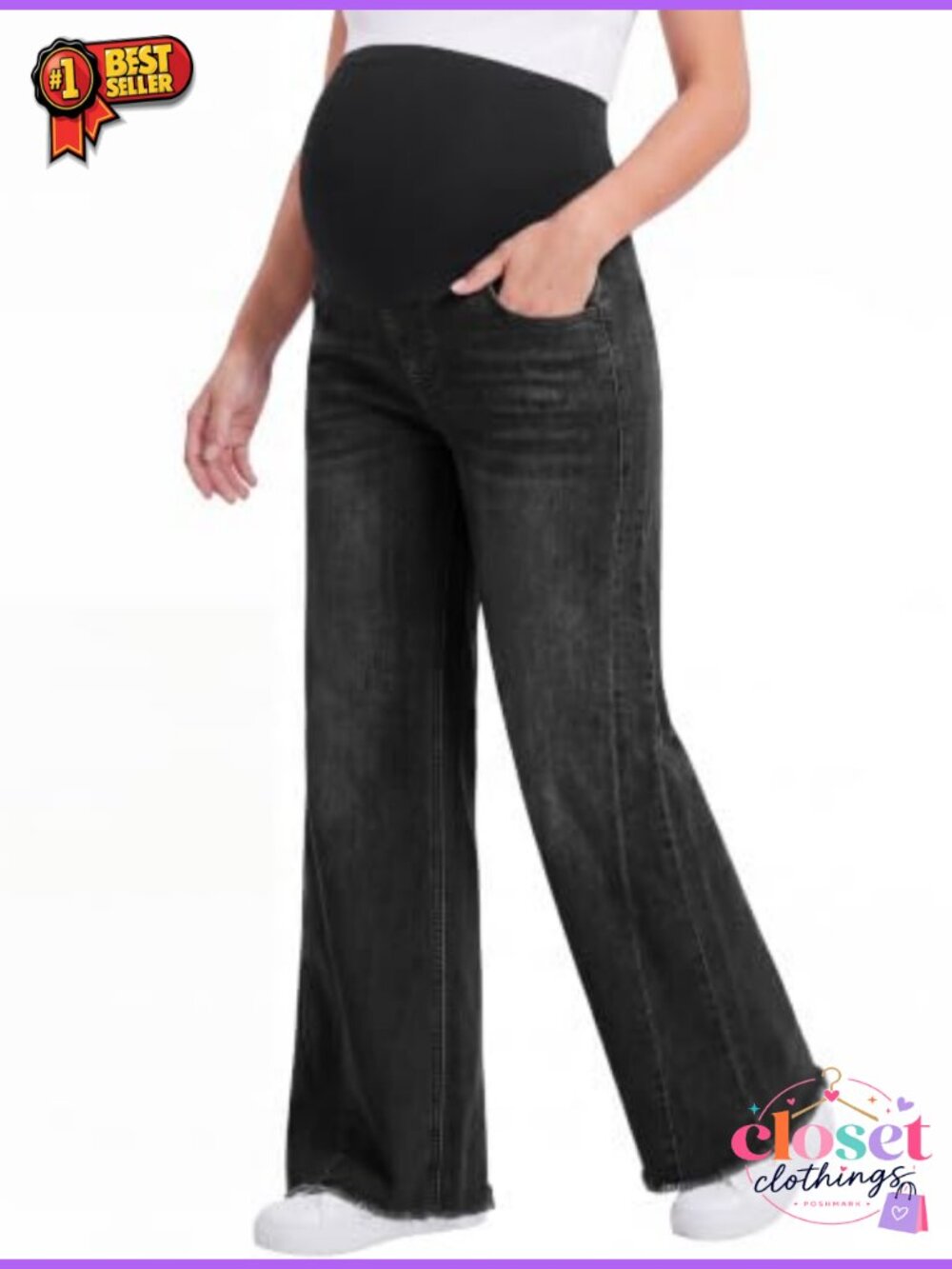 Wide Leg Maternity Jeans Raw Hem Pull On Denim Pants
